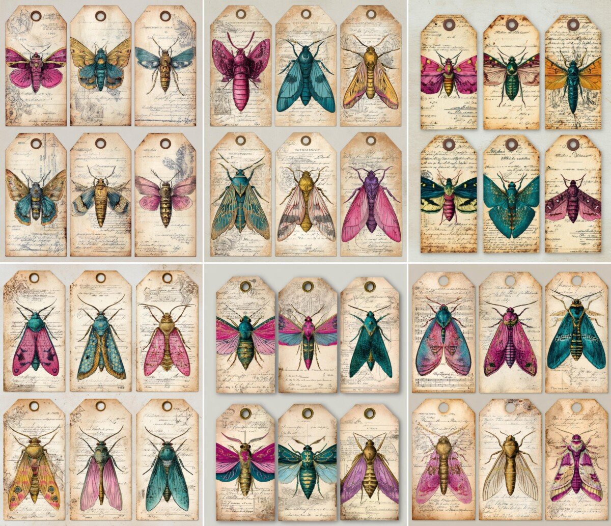 Victorian moth tag sheets with colorful wings and faded manuscript backgrounds