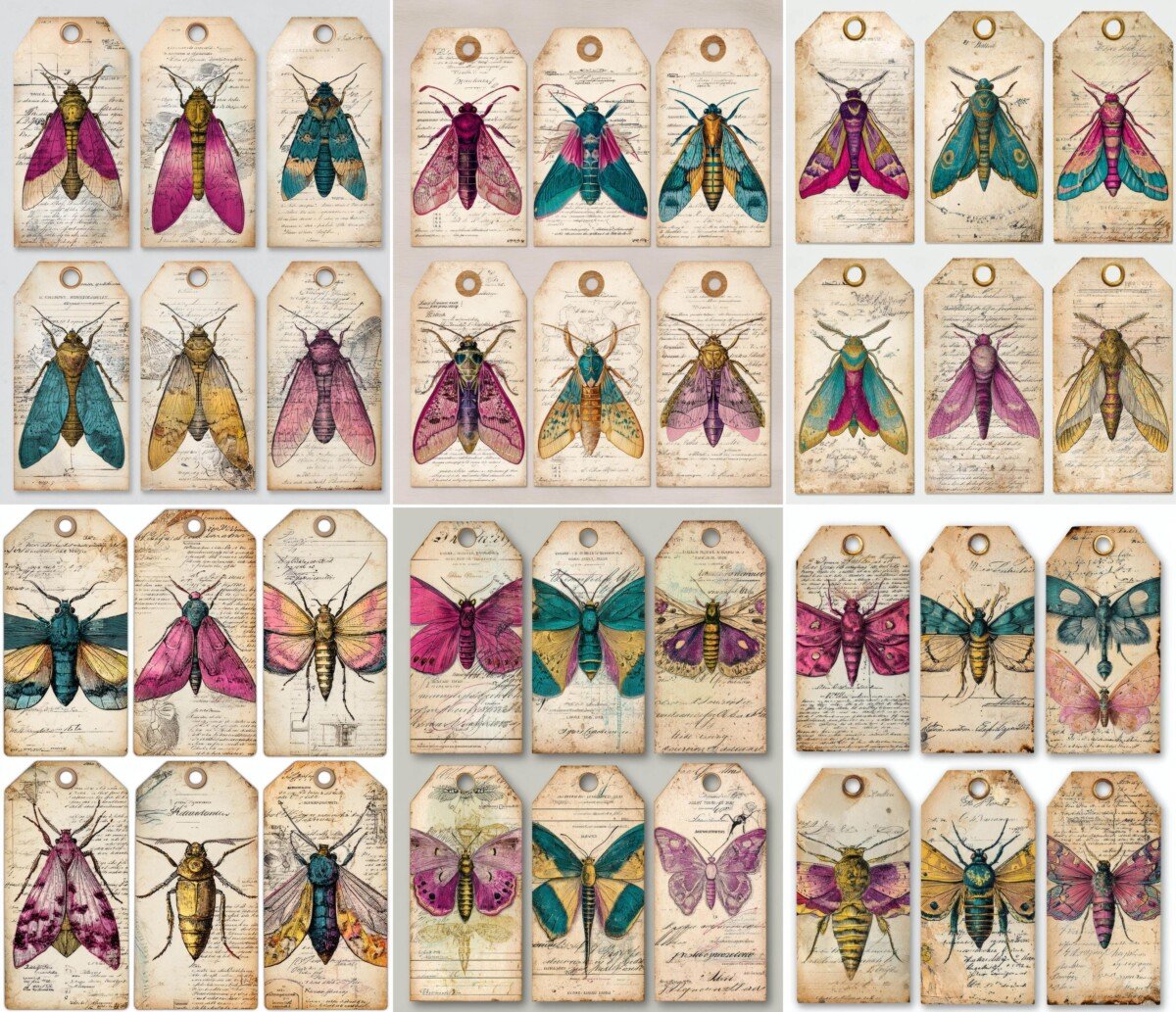 Entomology-inspired tags with teal, pink and gold-toned moth illustrations