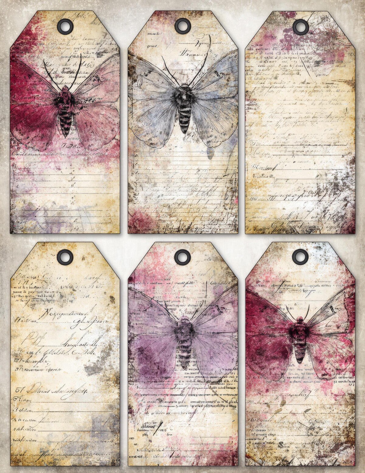 Faded pink and gray moths over softly stained paper tags