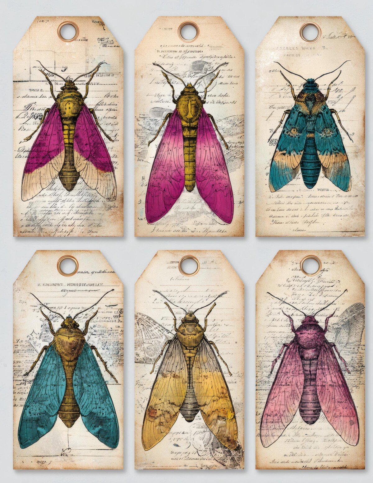 Purple, rose and teal moths on antique-style tag backgrounds
