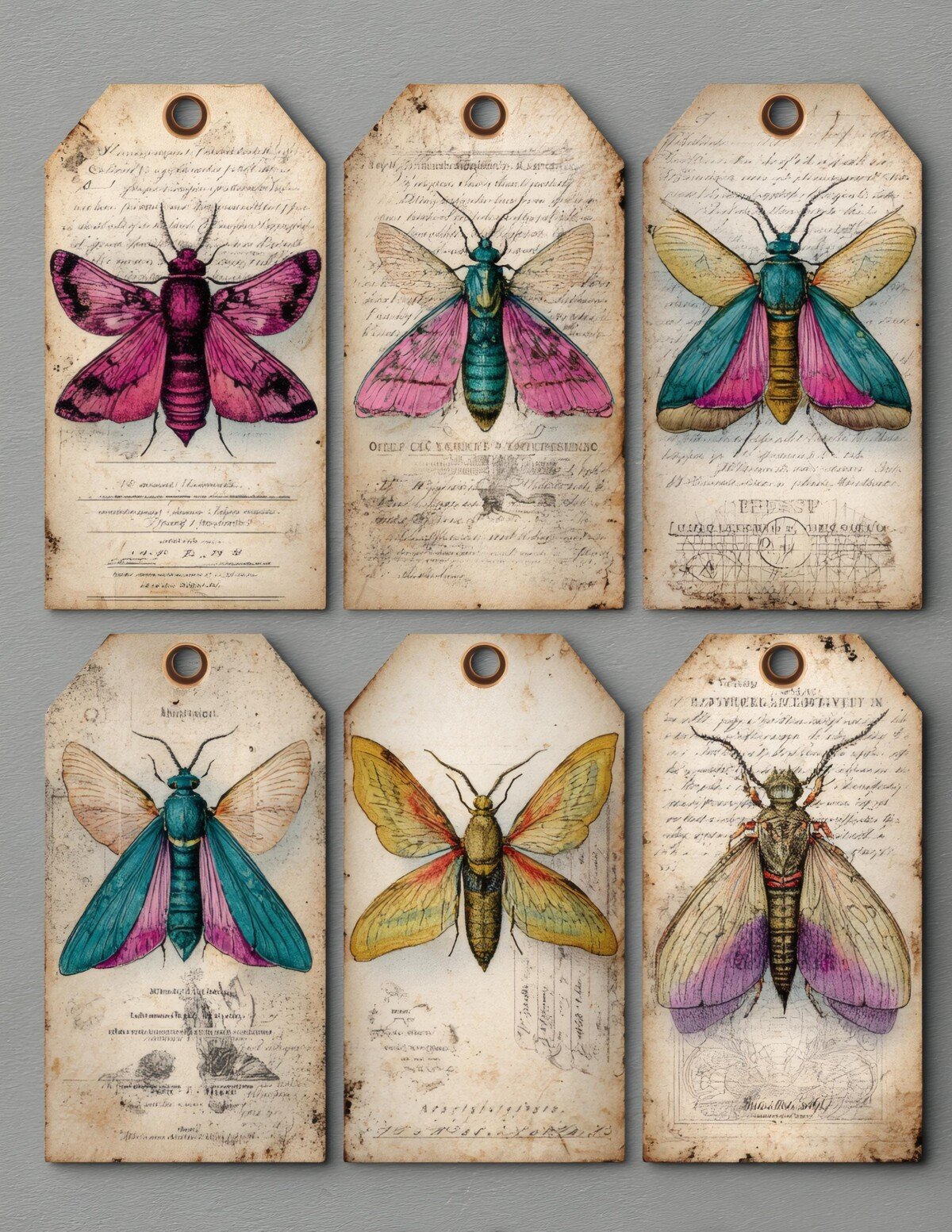 Brightly patterned moths in purple, pink and teal on cream tags