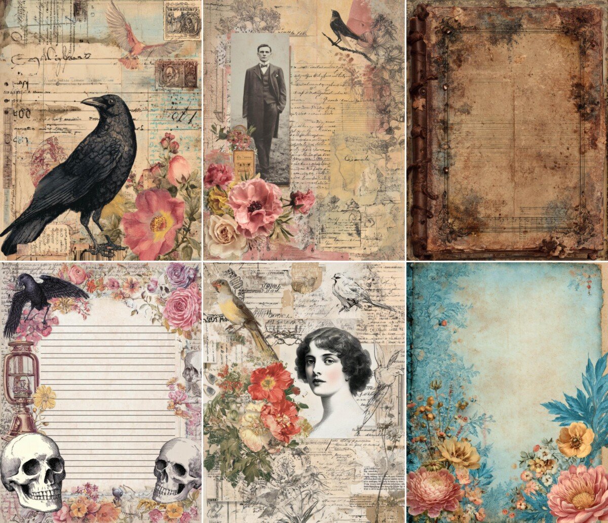 Vintage bird and floral collage scrapbook paper collection – preview 2