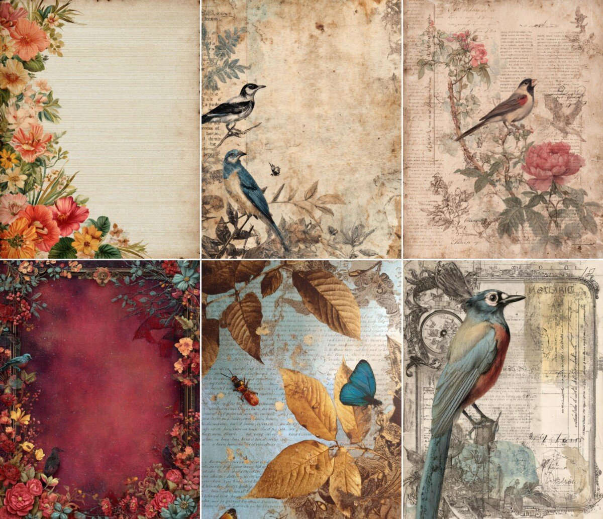 Vintage bird and floral collage scrapbook paper collection – preview 4