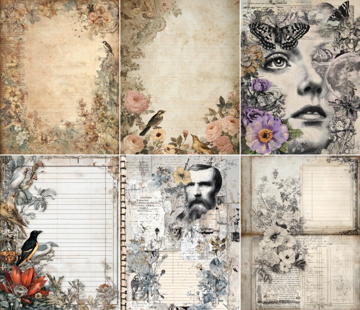 Vintage bird and floral collage scrapbook paper collection – preview 8