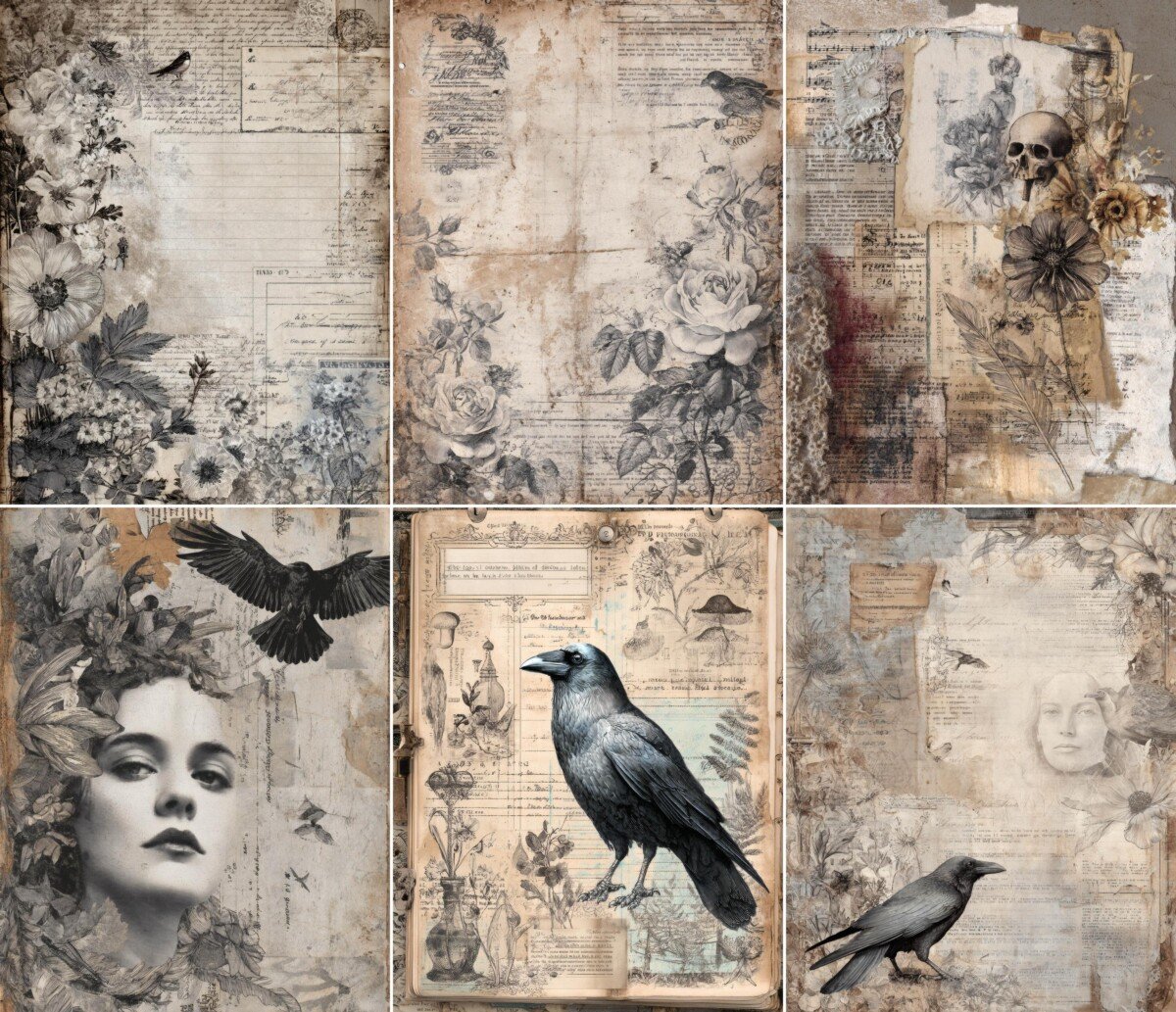 Vintage bird and floral collage scrapbook paper collection – preview 7