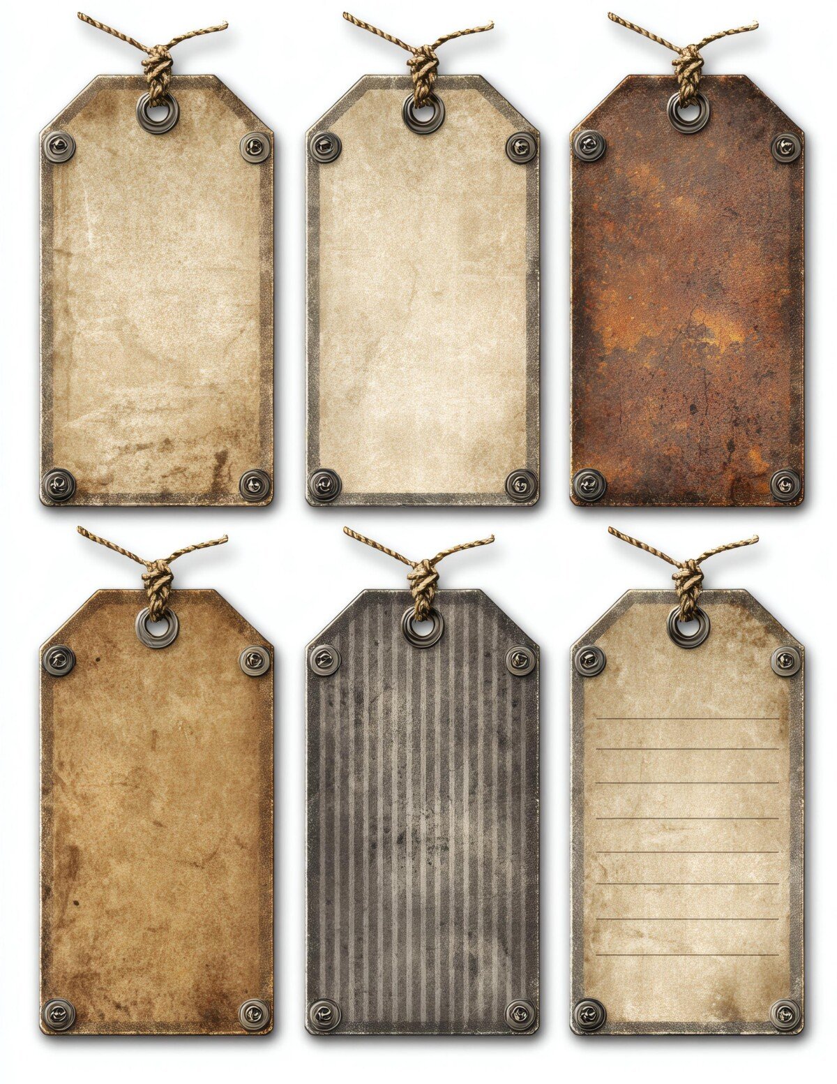 Industrial tags with tarnished gray rust and brass-toned borders