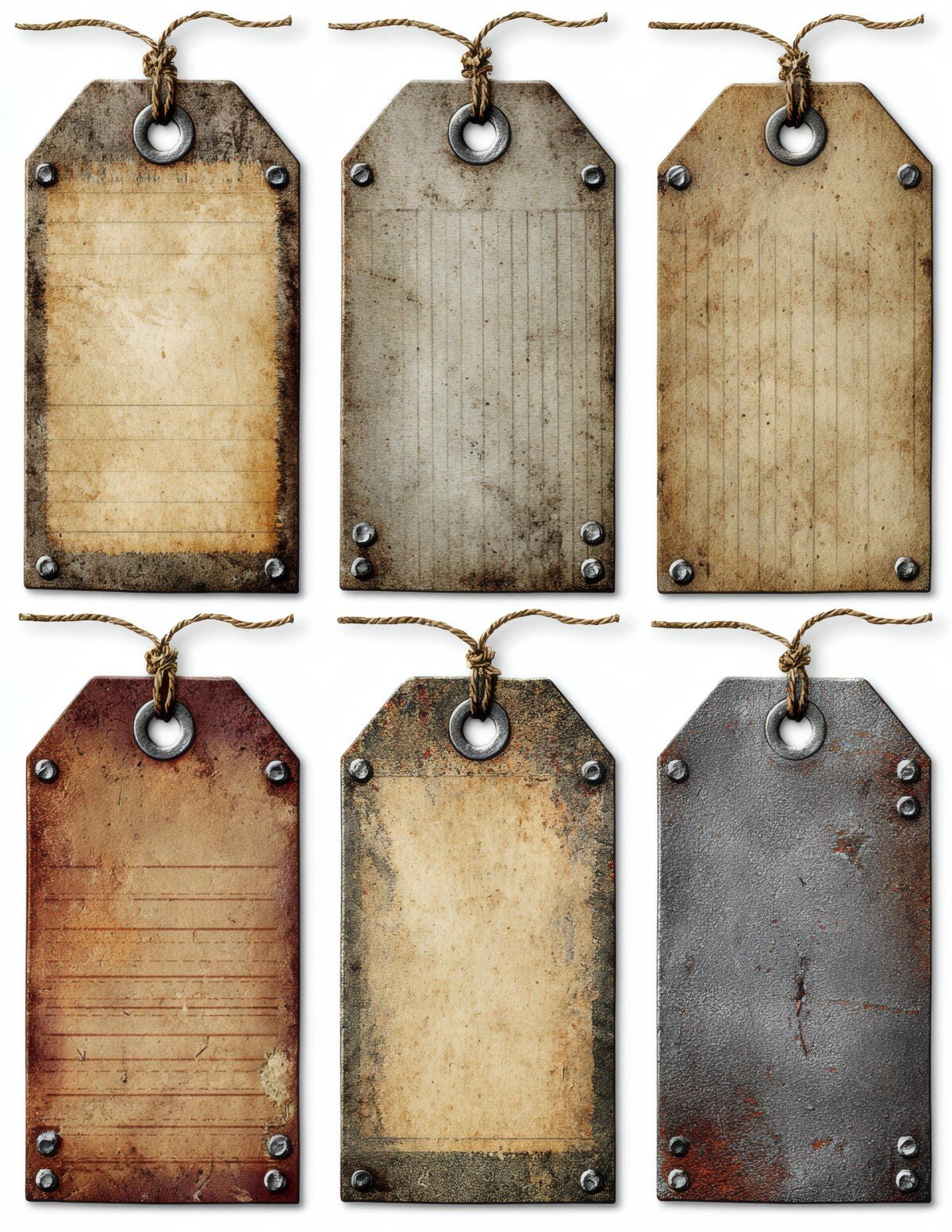 Weathered cream and gray tag designs with metal-look frames and string loops