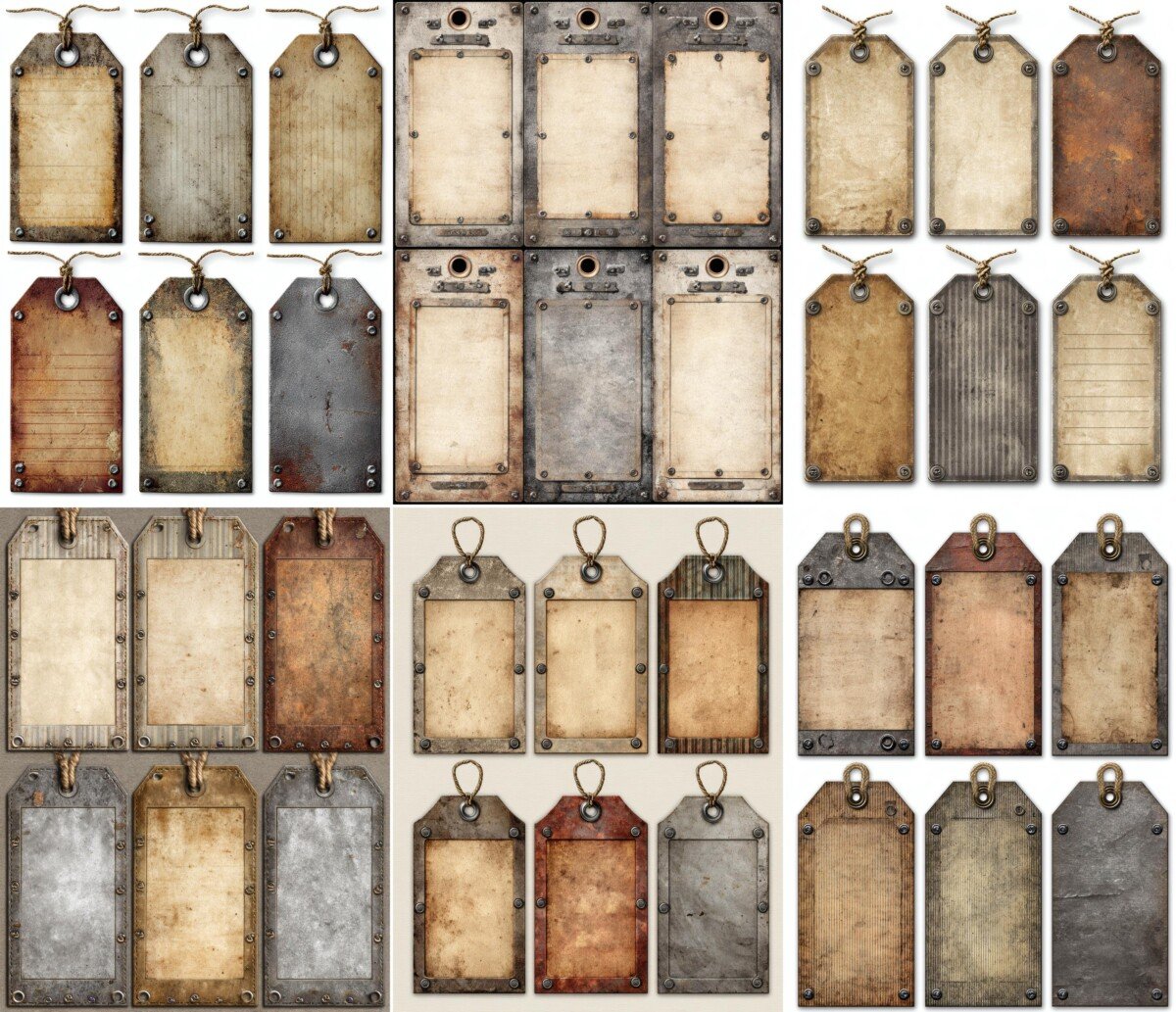 Printable industrial tag sheets in cream gray bronze and weathered brown