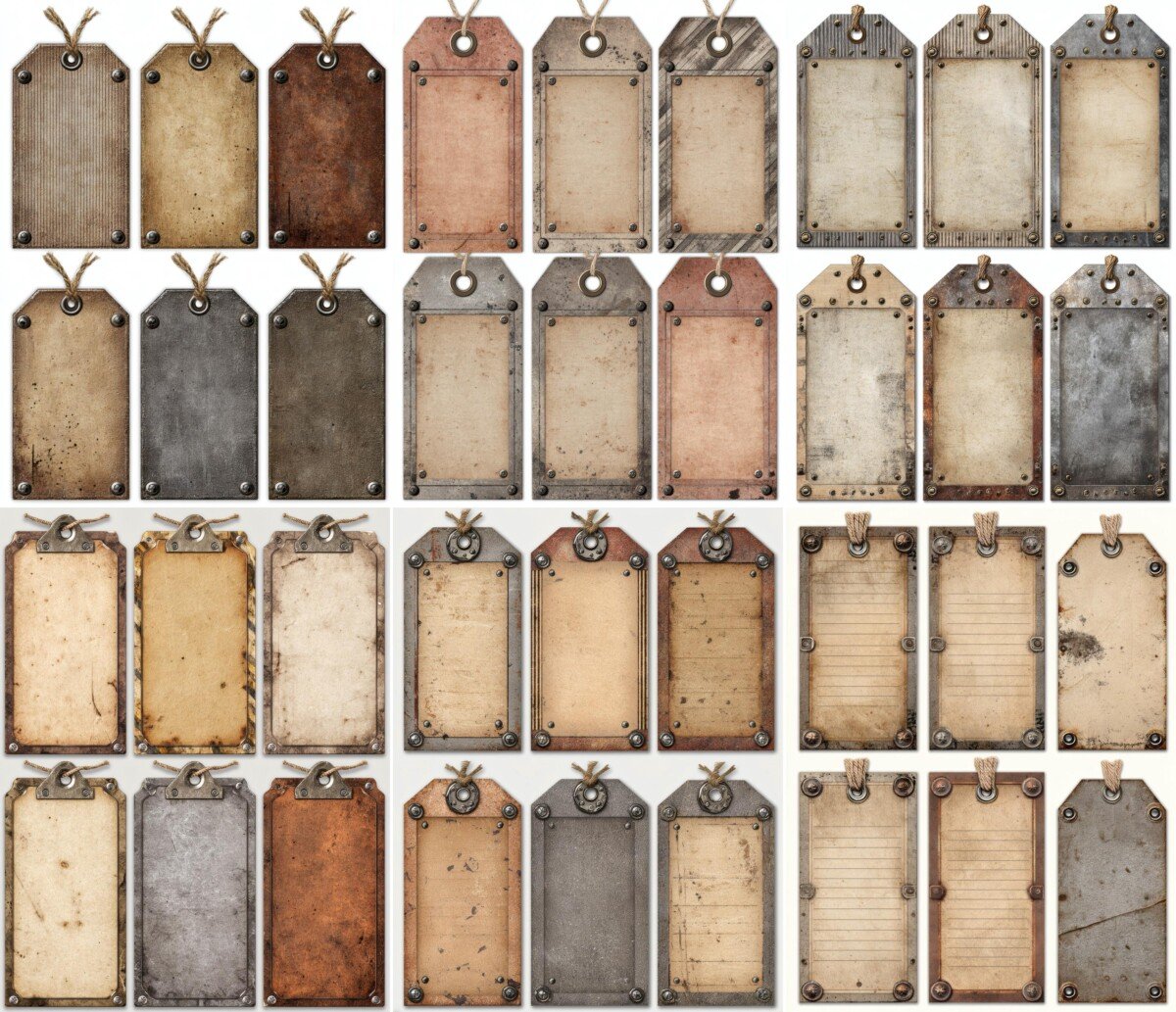 Steampunk-inspired tag collection with blank centers and illustrated string loops