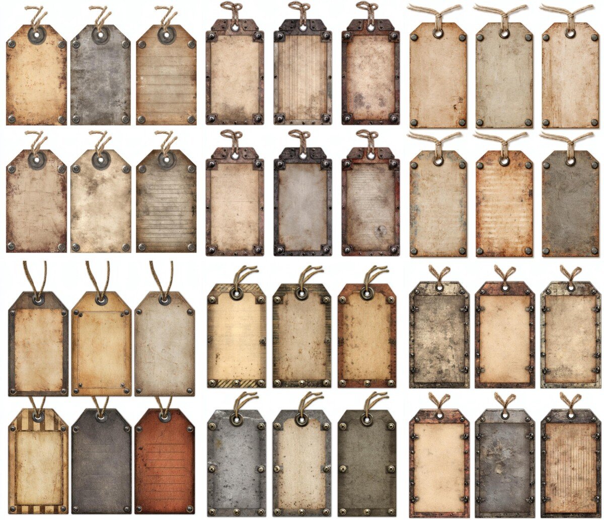 Industrial grunge tags with aged parchment centers and riveted metal-look borders