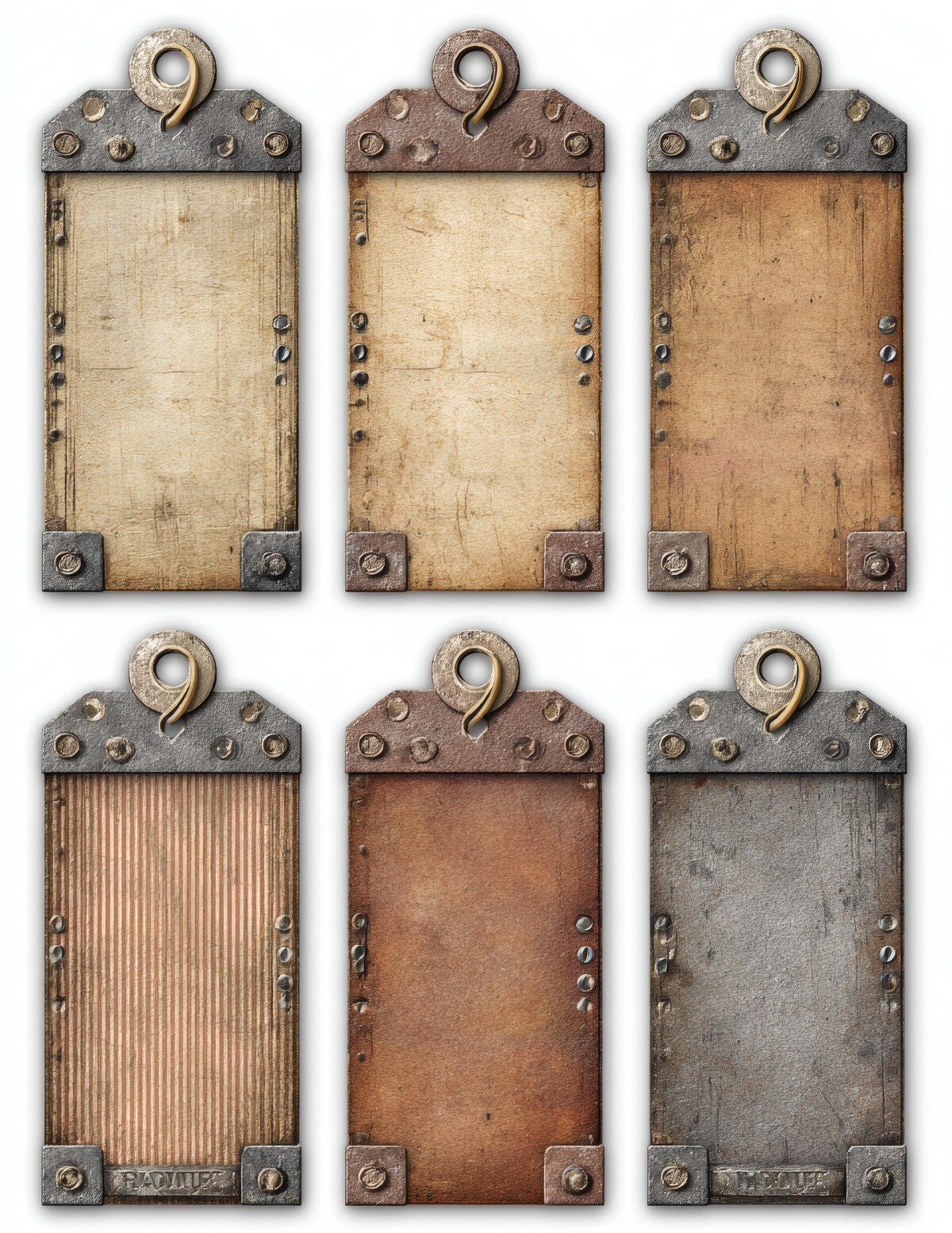Vintage industrial tags with beige centers and textured bronze frames