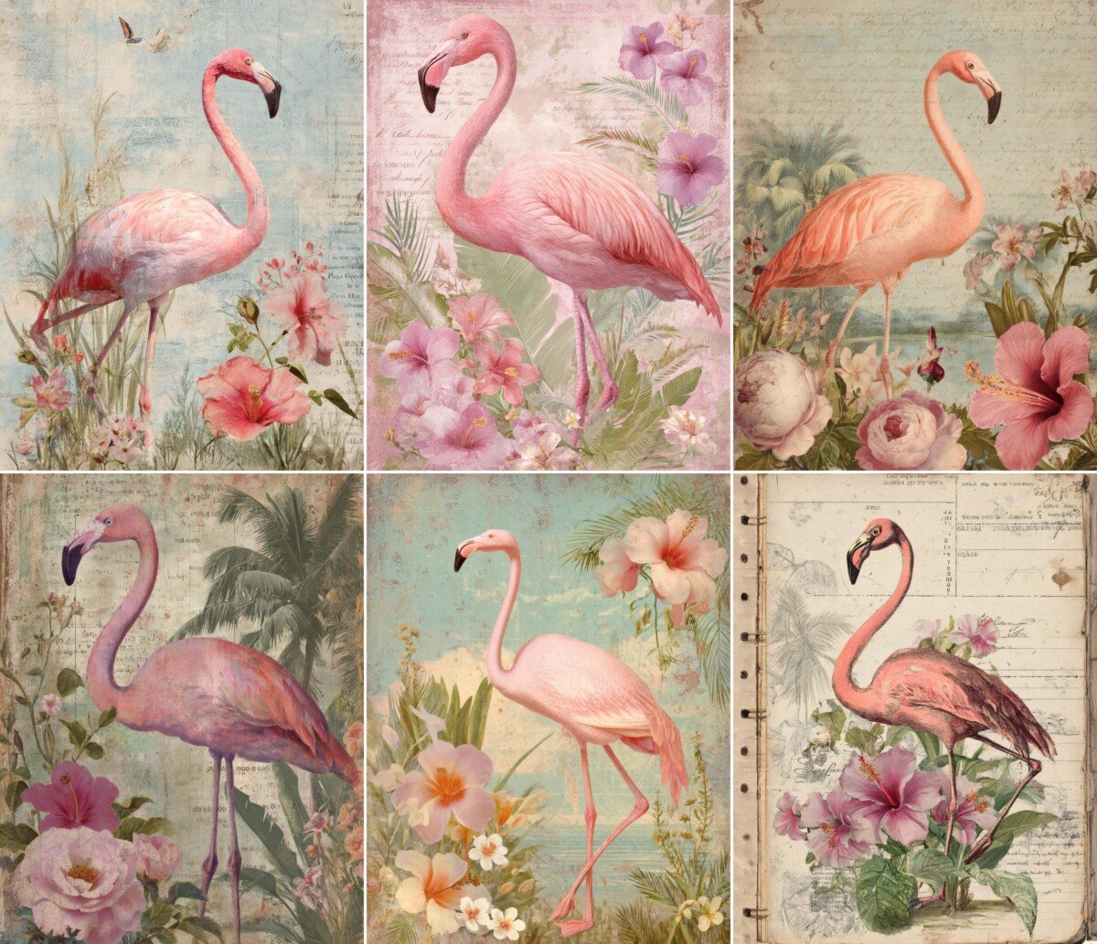 Pink flamingo digital paper with tropical flowers, foliage and vintage script