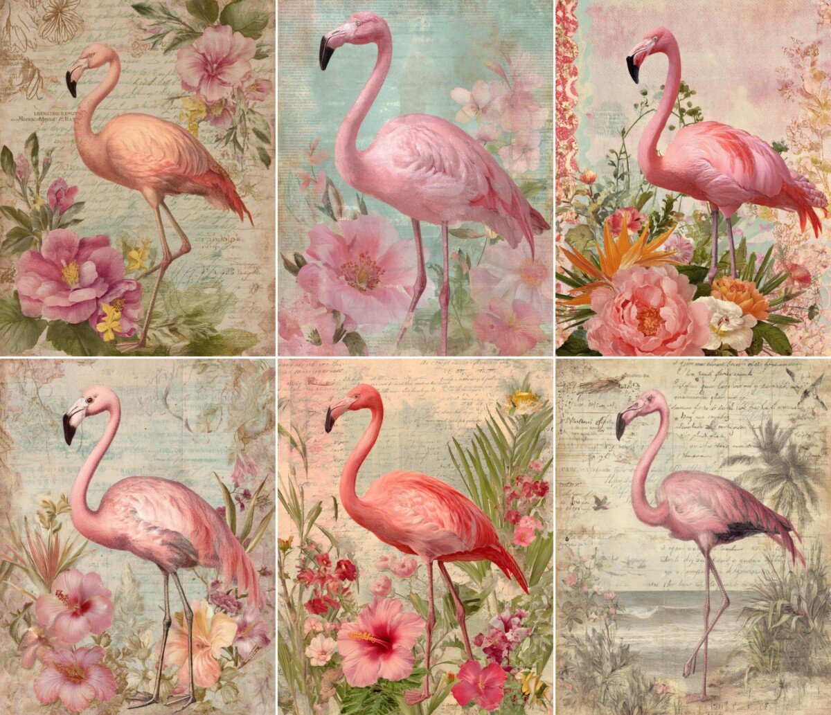 Pink flamingo junk journal pages with tropical flowers and aged script backgrounds