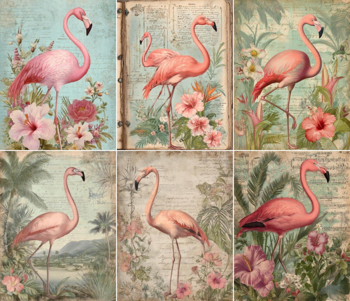 Pink flamingo digital paper with tropical flowers, foliage and vintage script