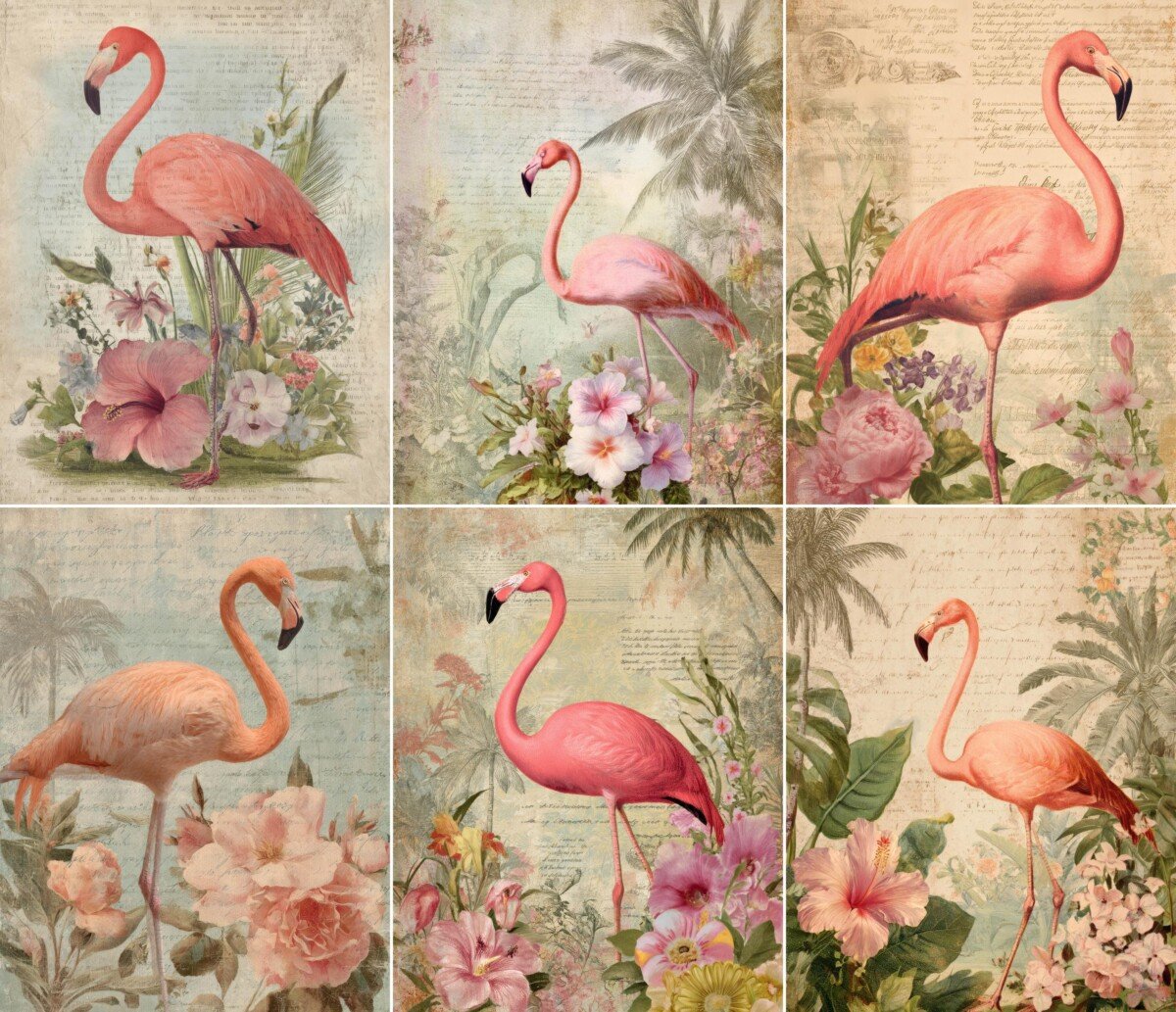 Pink flamingo digital paper with tropical flowers, foliage and vintage script