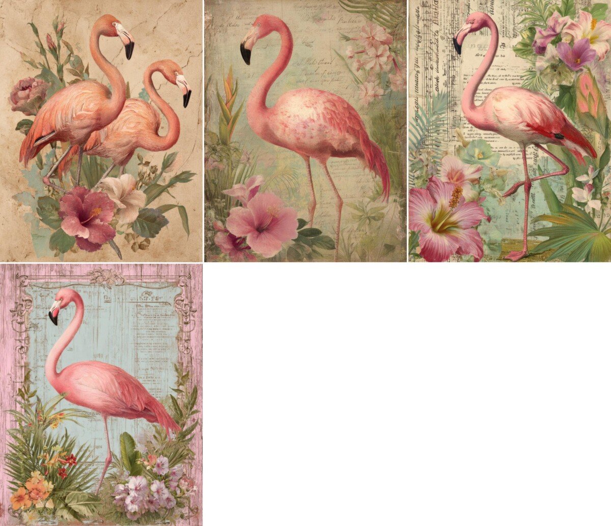 Pink flamingo digital paper with tropical flowers, foliage and vintage script