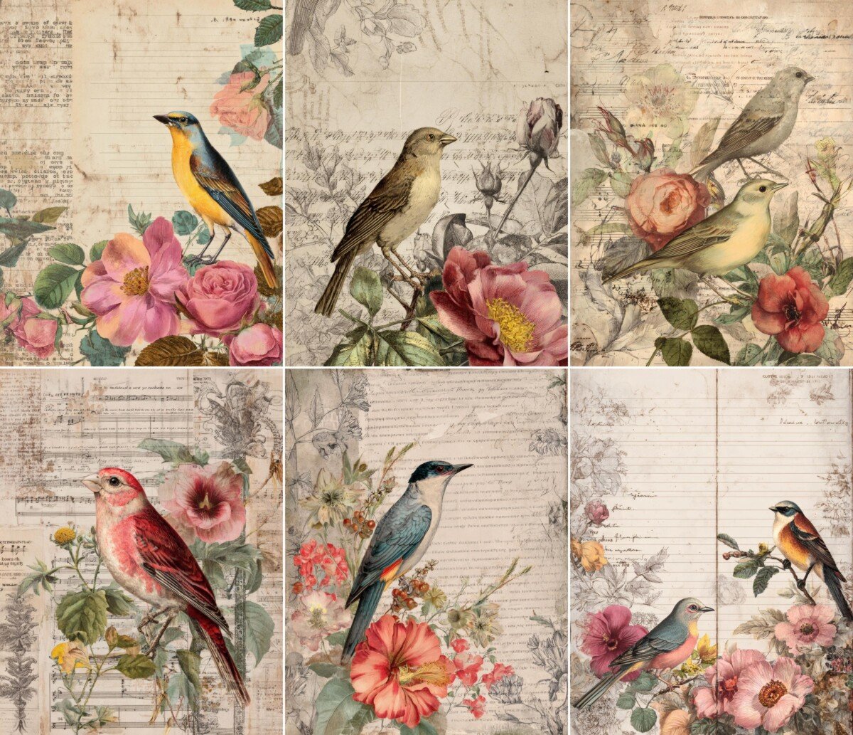 Illustrated birds and floral vintage paper collages, gallery preview 6
