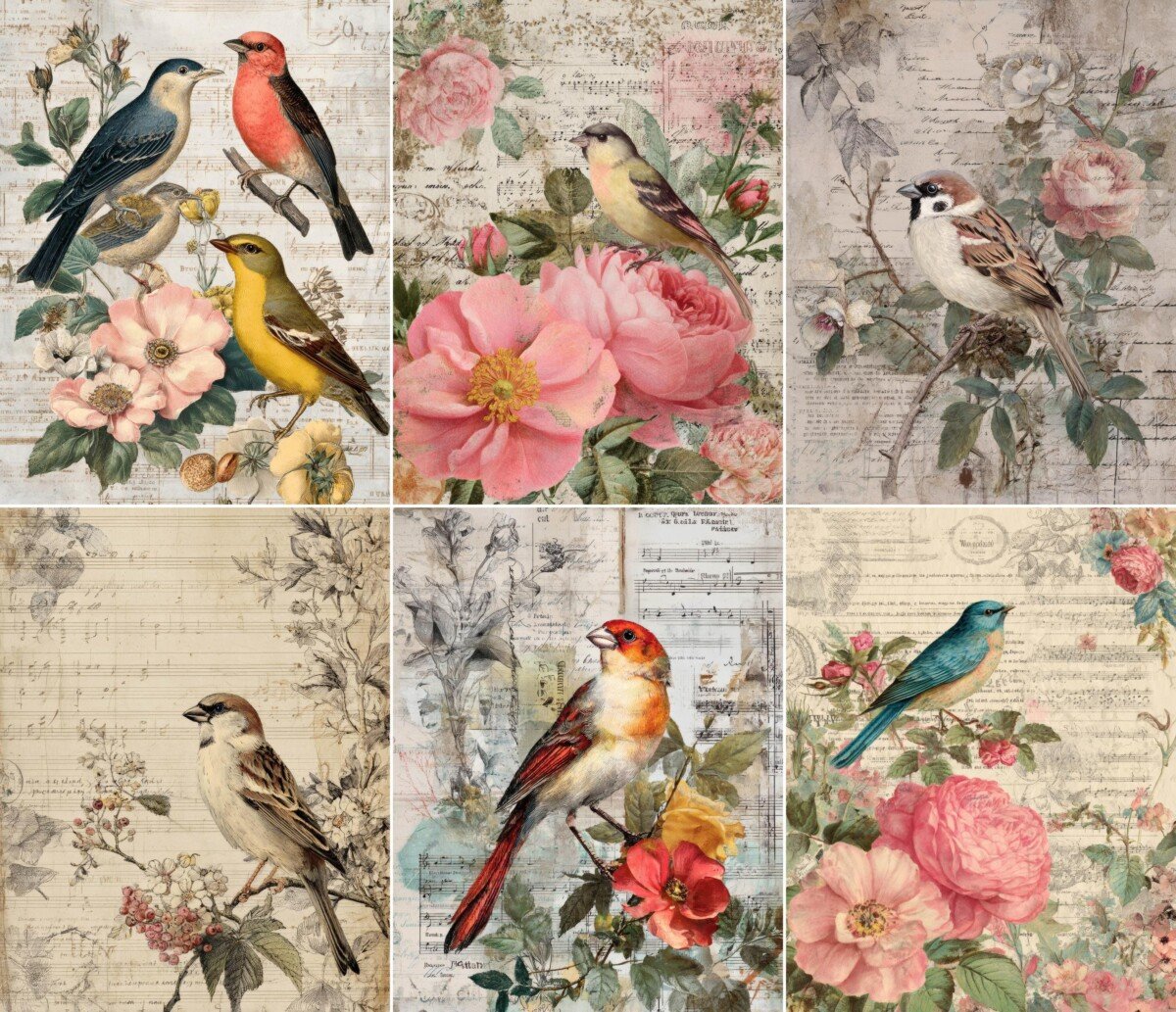 Whimsical bird junk journal pages with flowers and aged botanical paper