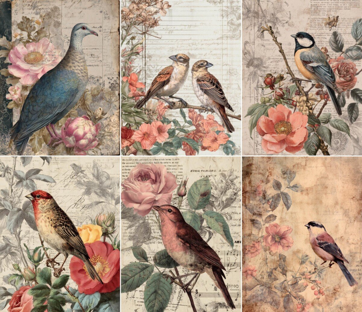 Illustrated birds and floral vintage paper collages, gallery preview 3