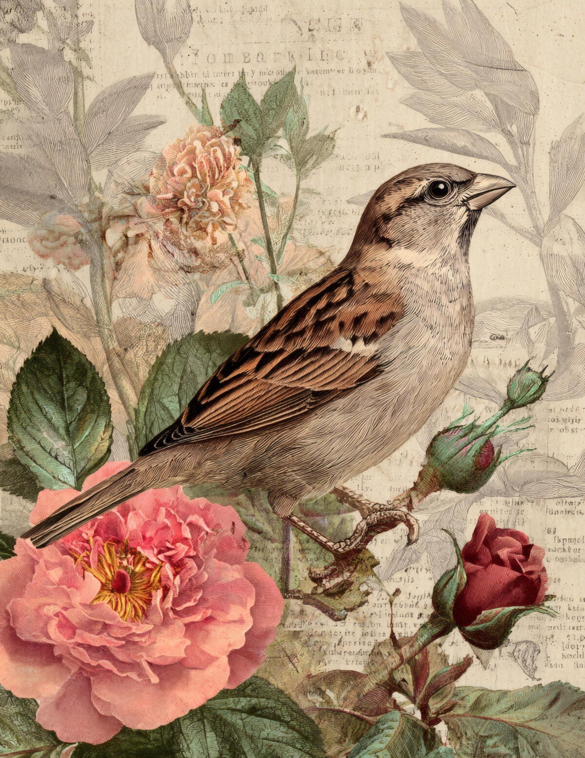Brown illustrated bird among flowers on faded botanical paper