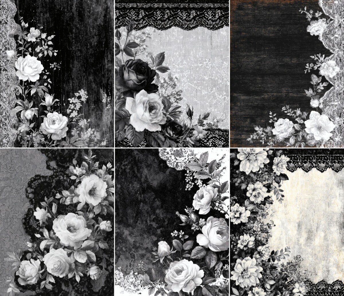 Black floral junk journal pages with white flowers, lace motifs and distressed backgrounds