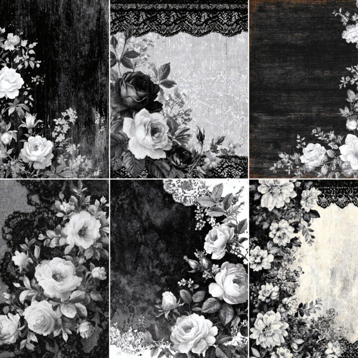 black – 56 Black Shabby Floral Junk Journal Pages