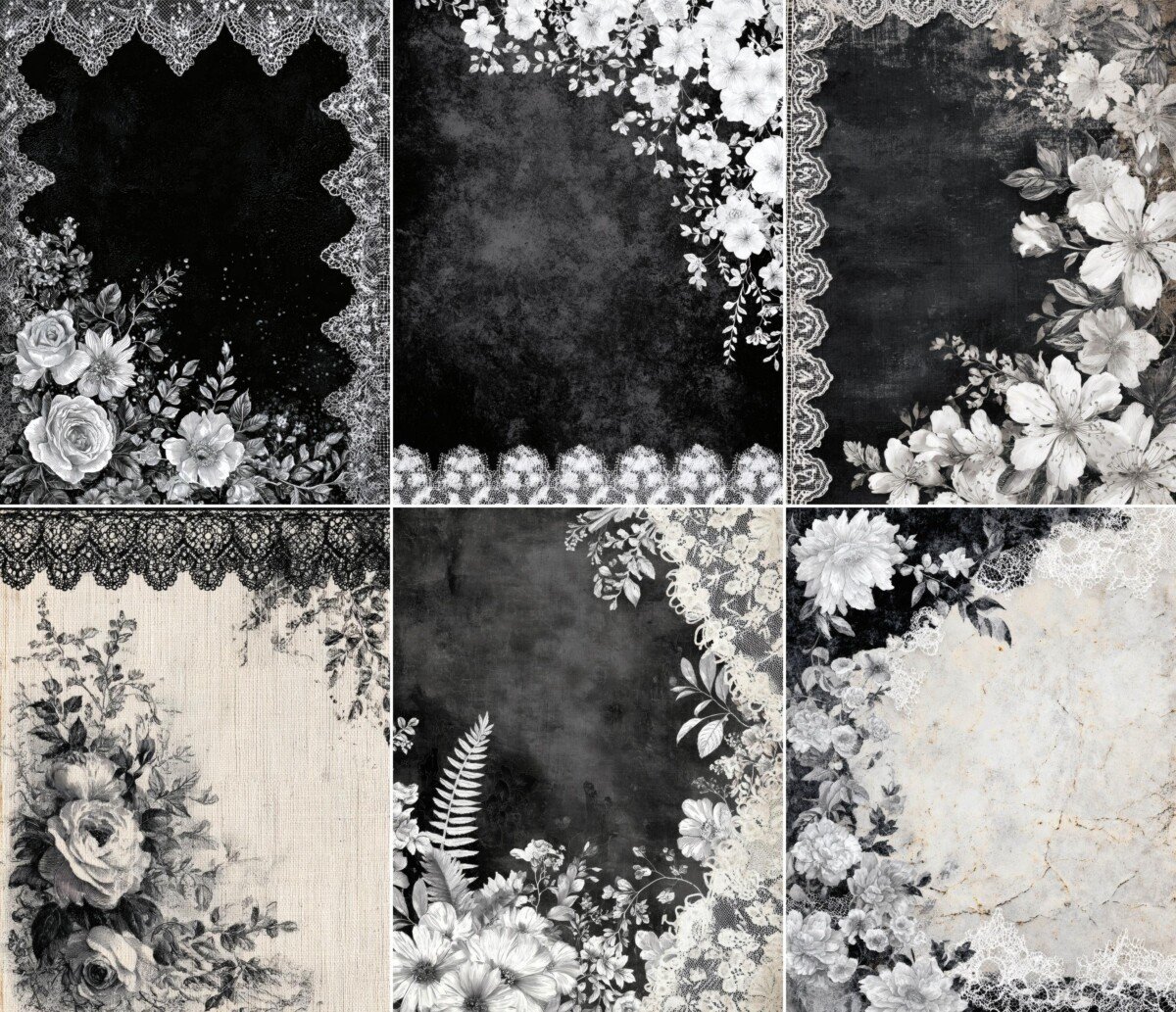 Dark floral journal artwork with pale blossoms and decorative lace, preview 7
