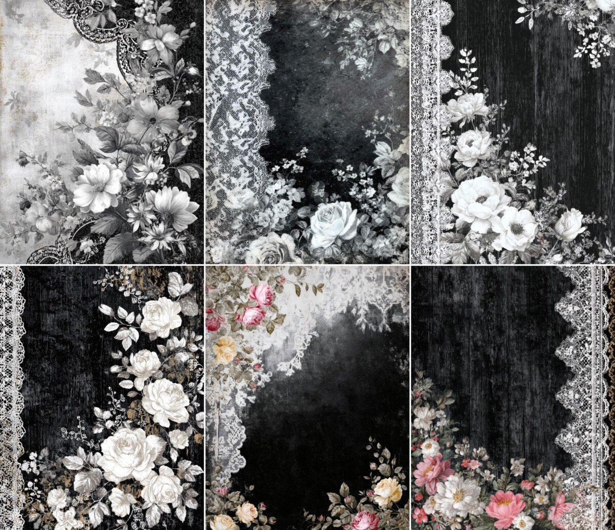 Dark floral journal artwork with pale blossoms and decorative lace, preview 9