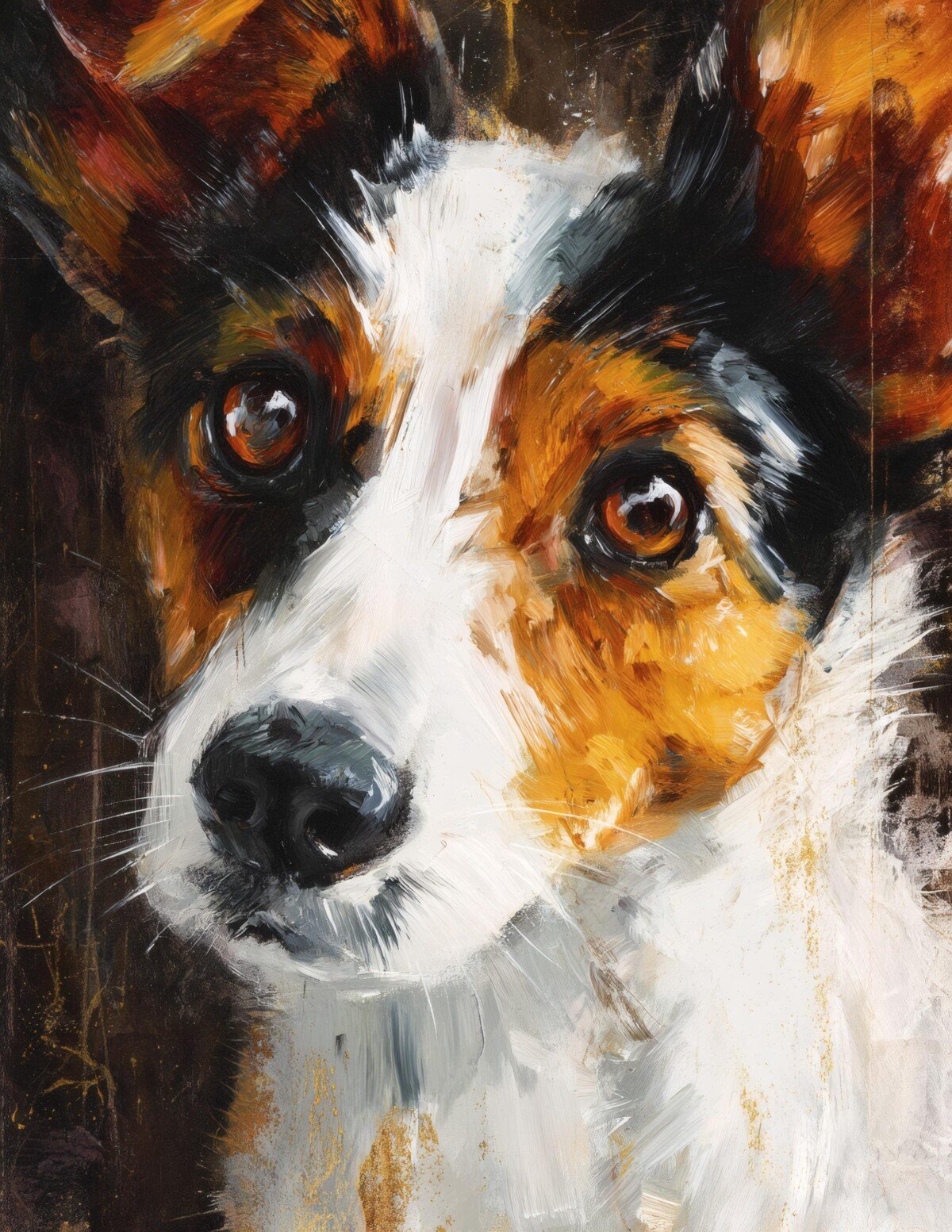 Expressive dog portrait in a painterly style on textured journal paper