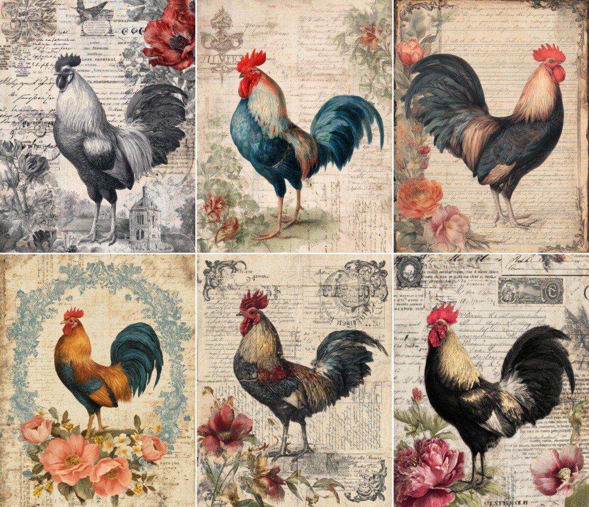 rooster – 56 Rooster Junk Journal Pages