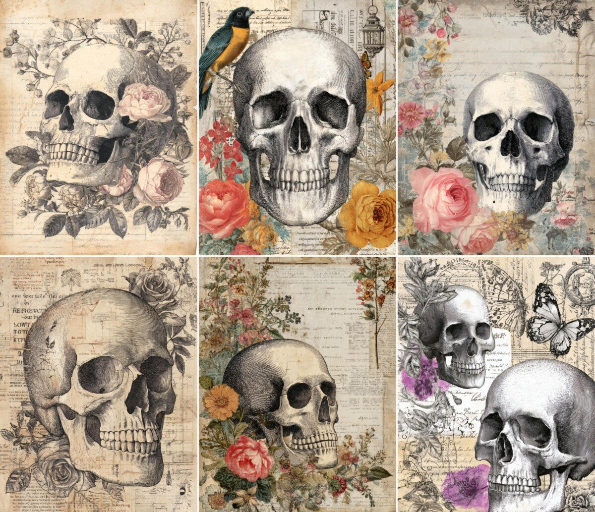 Skull collage journal pages with flowers, birds and antique paper textures