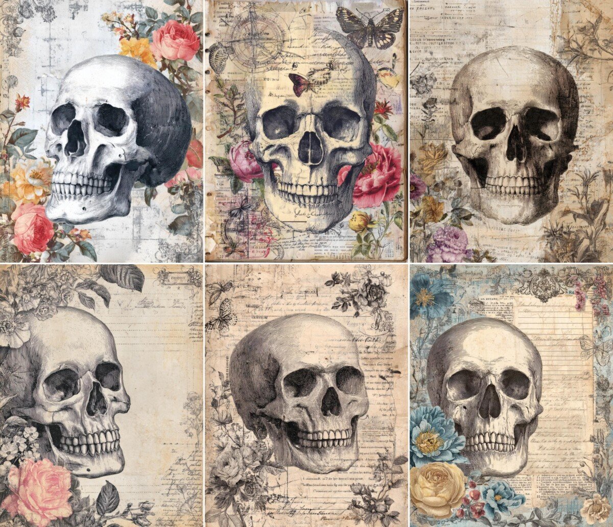 Floral skull digital paper with pink roses and vintage text
