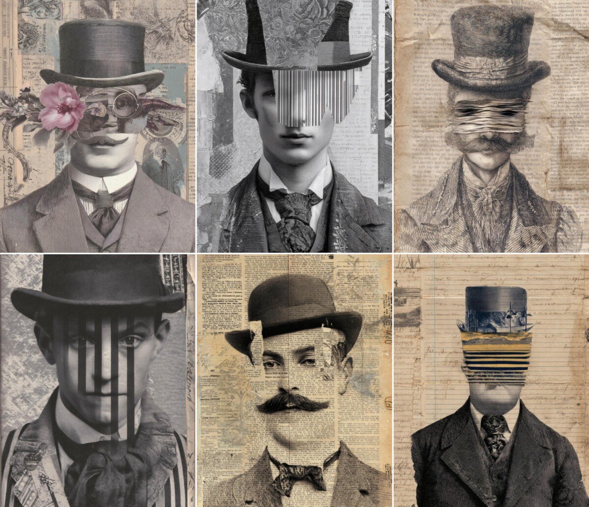Collage of Victorian-style men in top hats with surreal portrait details