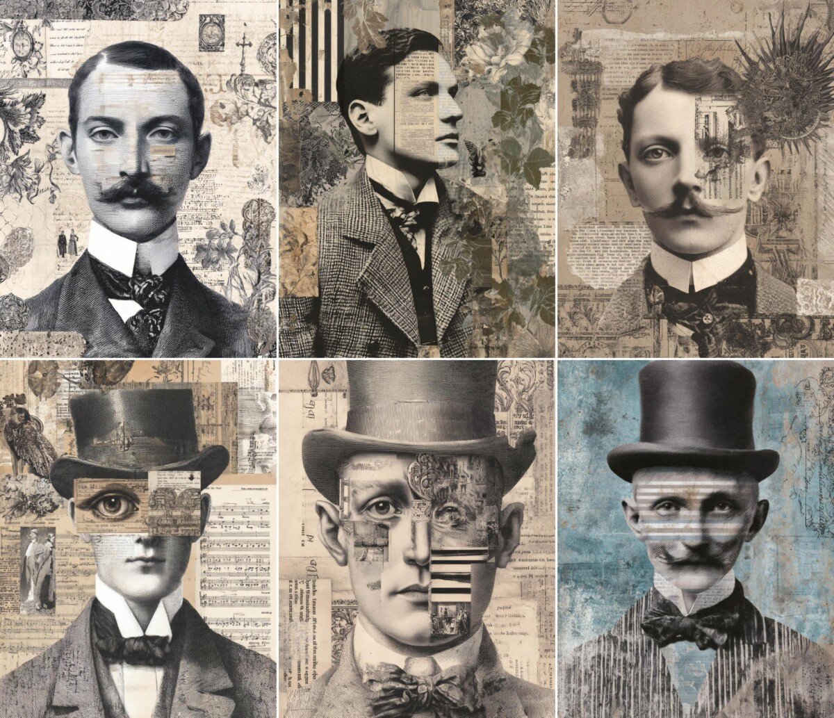 Formal male portraits over aged paper backgrounds
