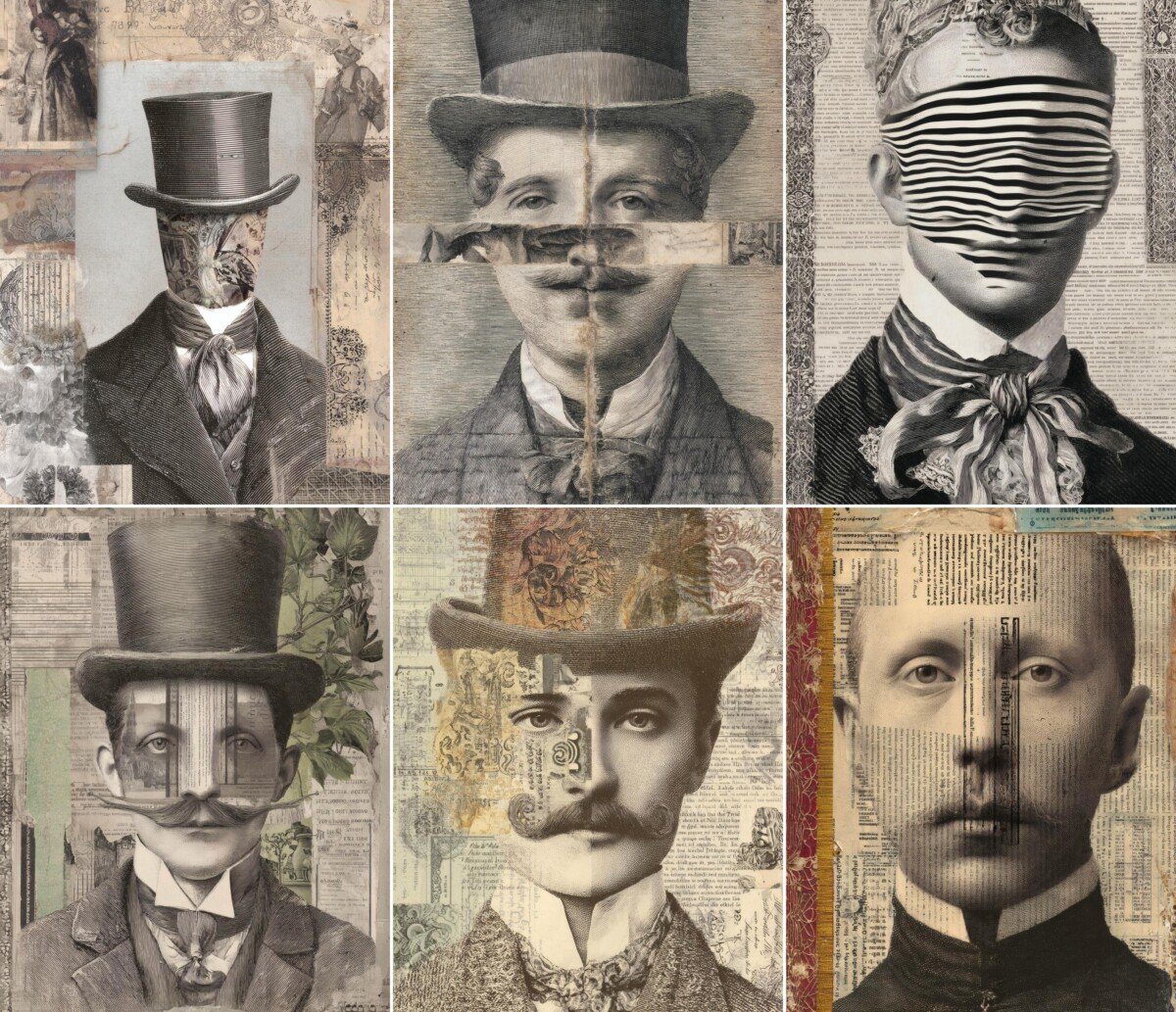 Surreal male portraits with striped faces and layered paper effects