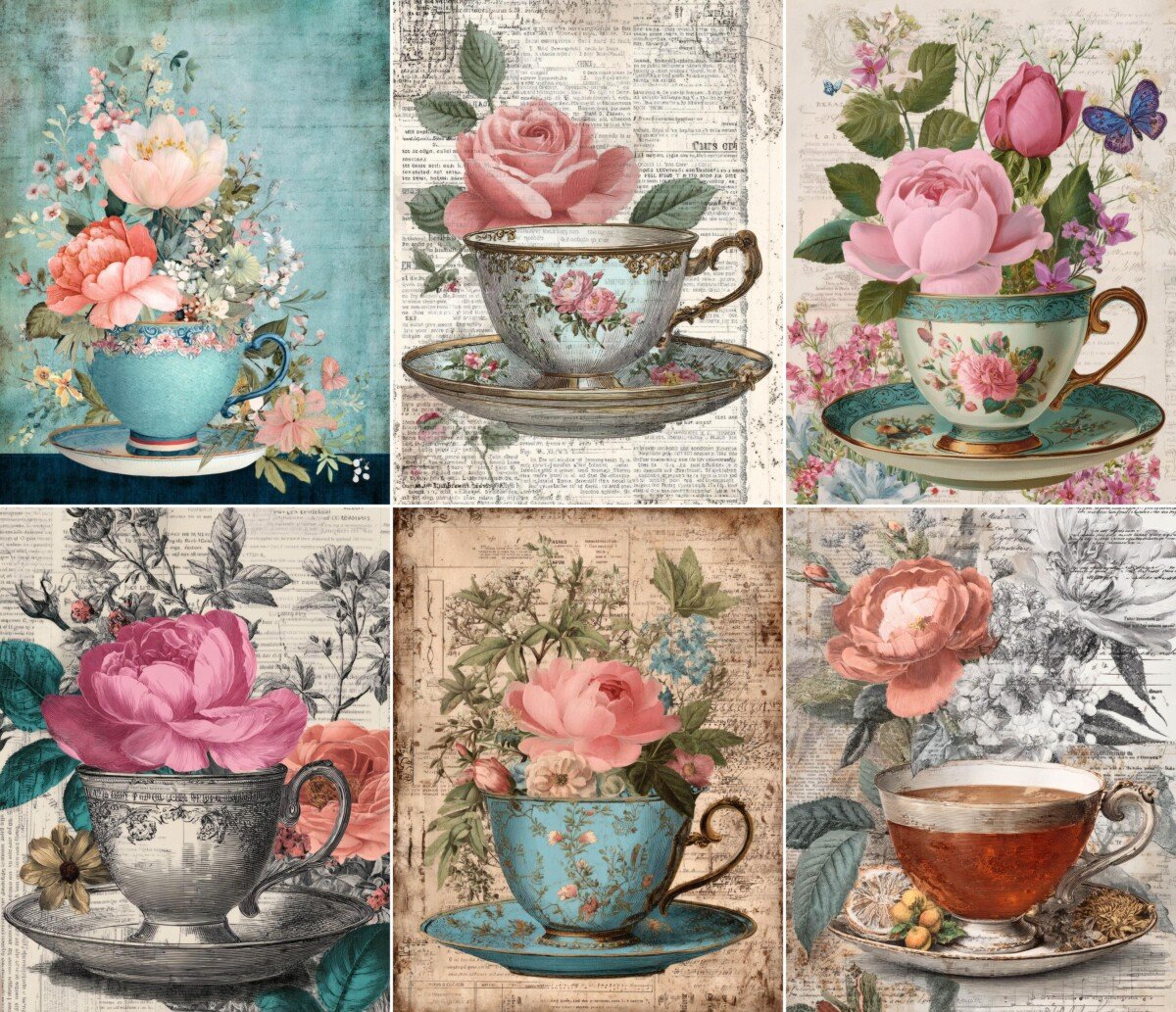 Floral tea cups with pink roses on aged book paper and soft blue backgrounds