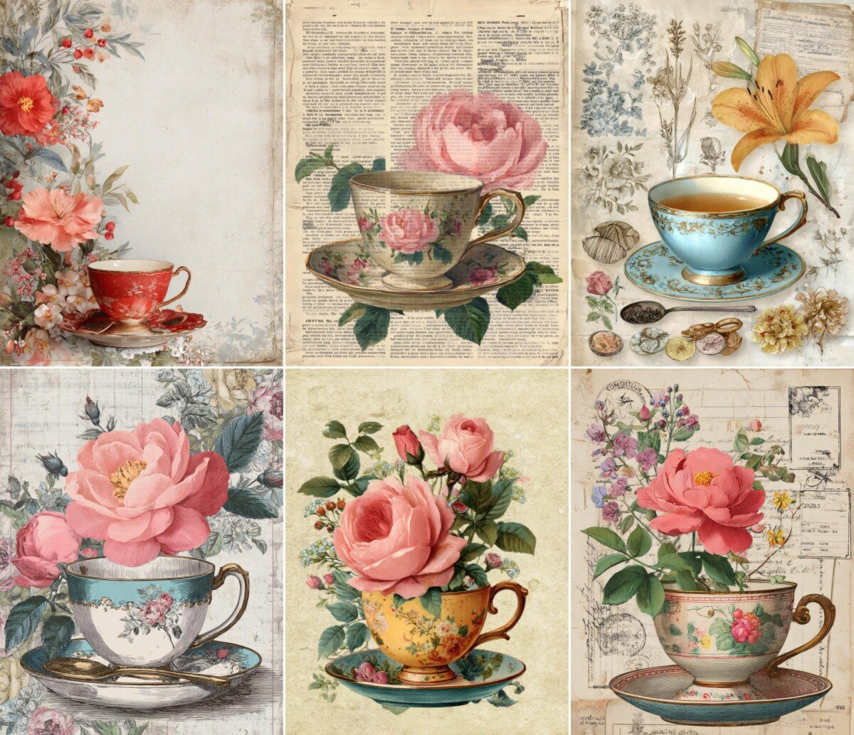 Vintage cups and saucers with roses and open cream paper areas