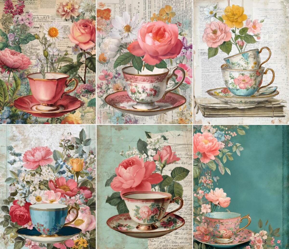 Vintage tea cup junk journal pages with roses, daisies and floral porcelain collage