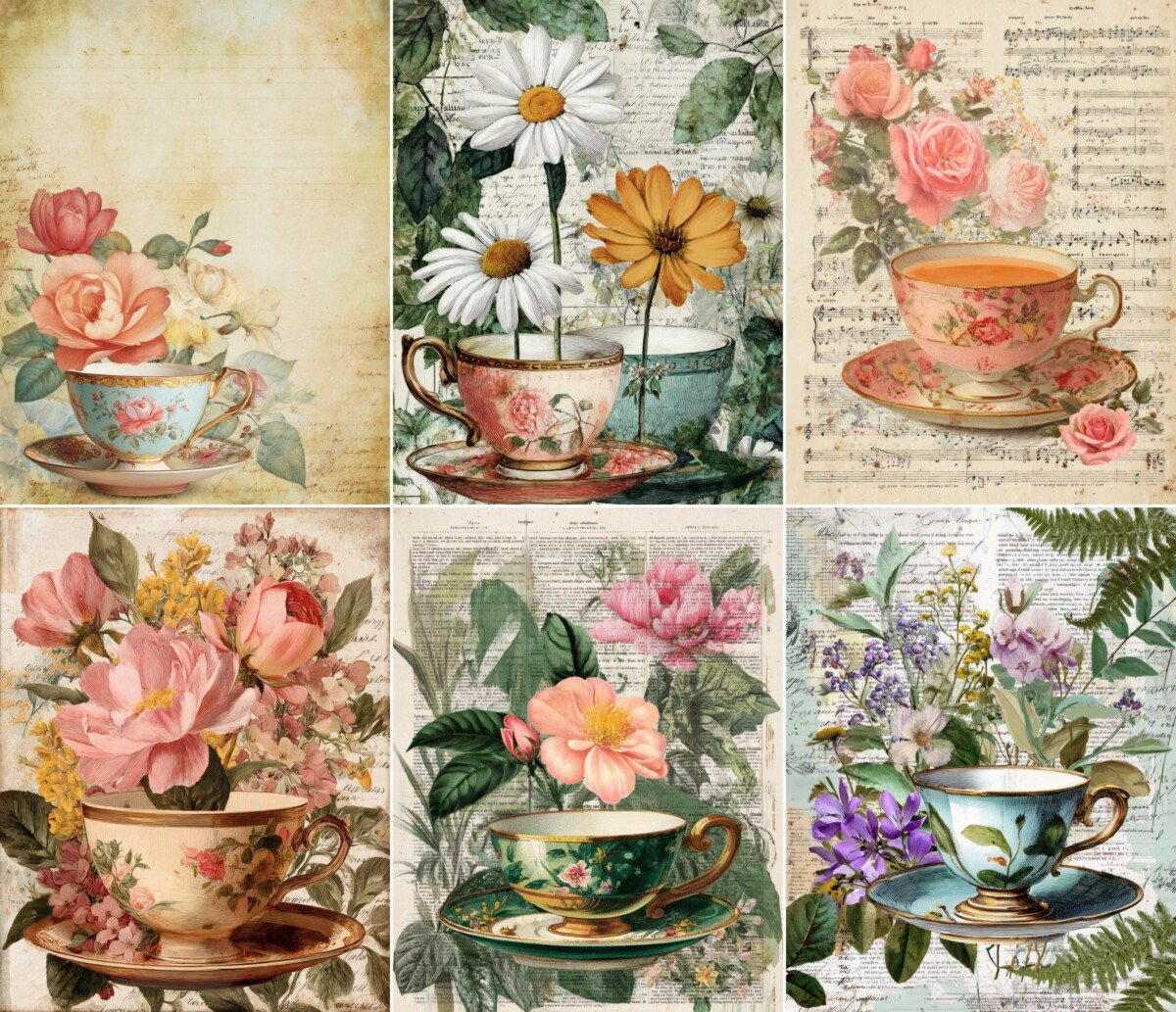 Floral cups with daisies and roses on softly aged paper
