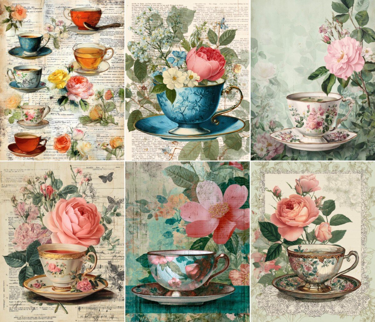 Blue tea cup with flowers among vintage botanical collage designs