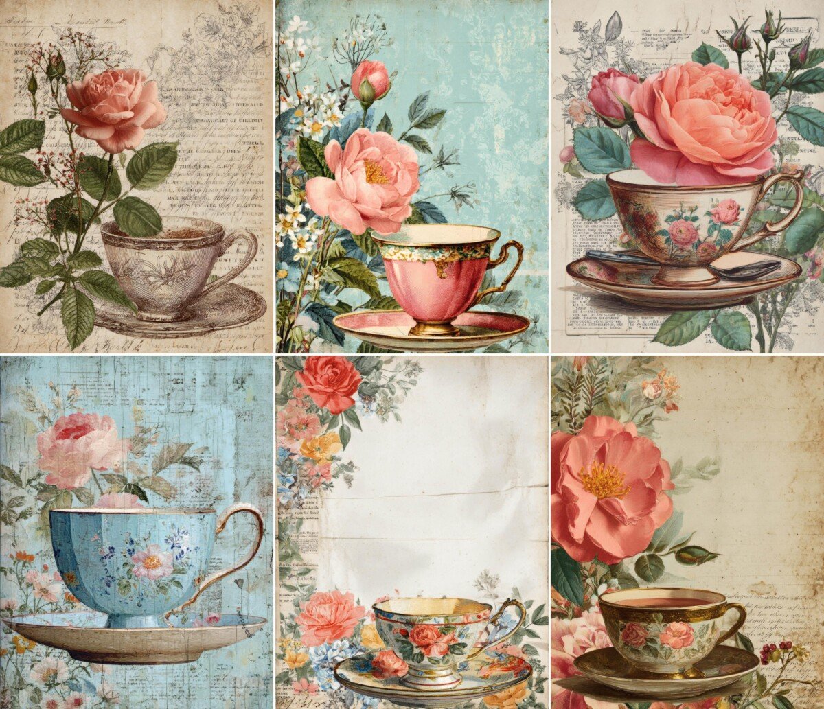 Pink roses in decorative tea cups against blue and cream backgrounds