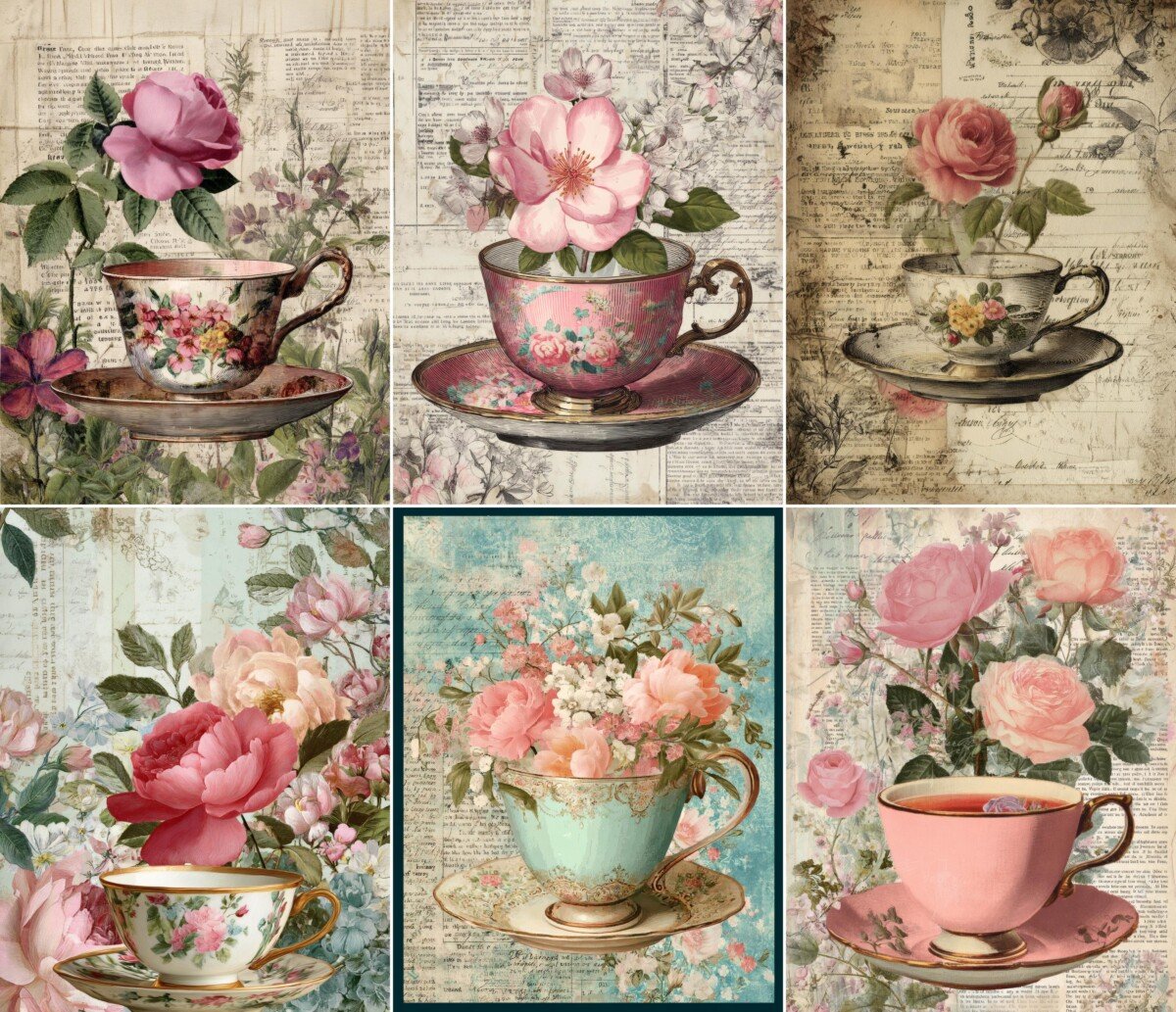 Vintage porcelain cups with pink roses and aged manuscript textures