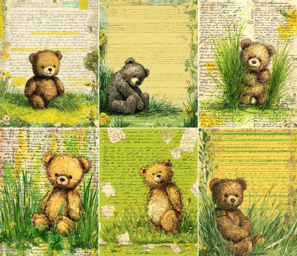 Spring teddy bear digital paper in green and yellow