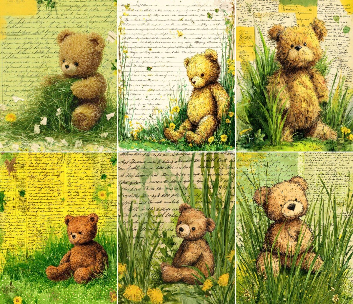 Teddy bear journal page collection with grassy scenes