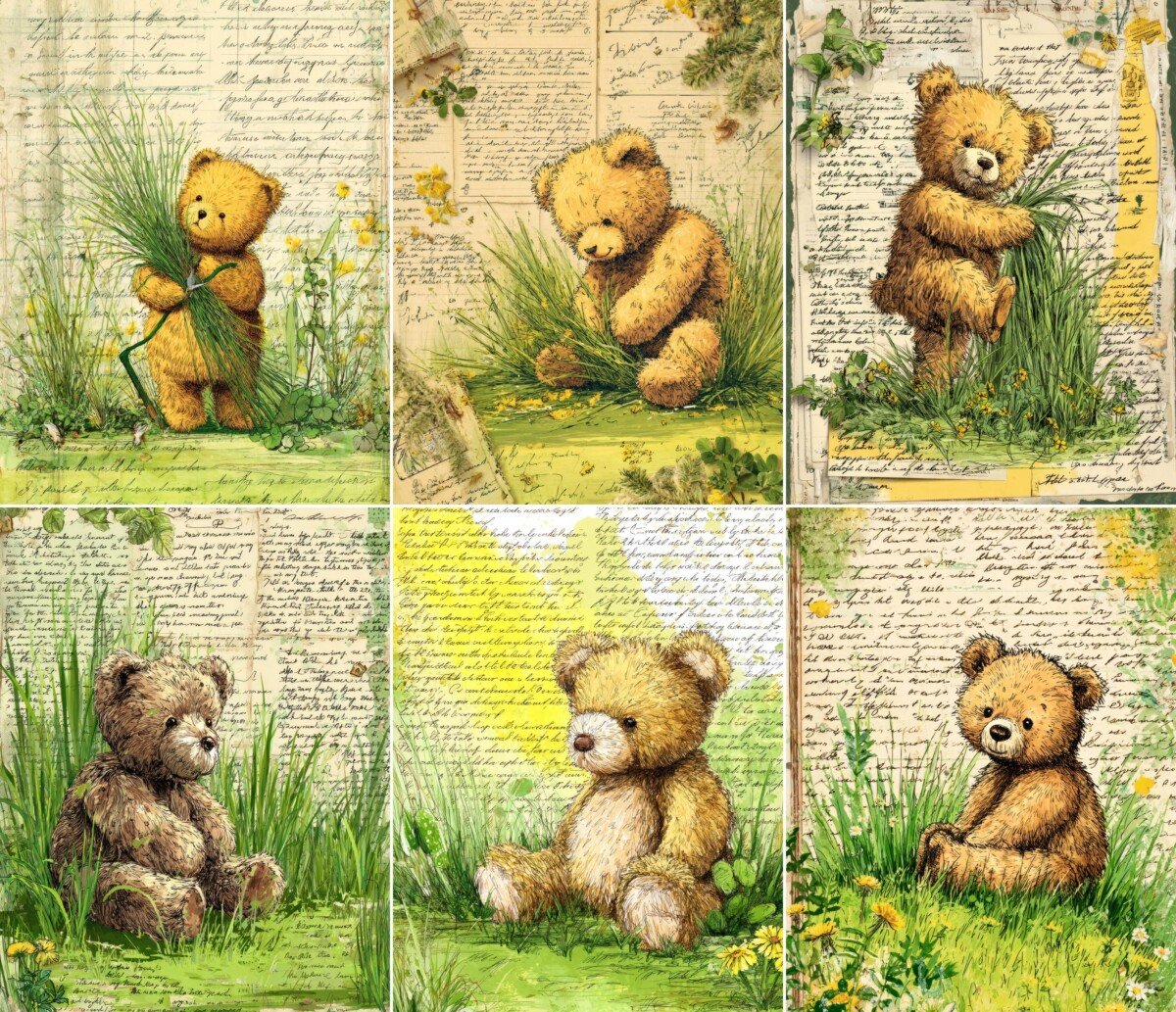 Teddy bear spring junk journal pages with green garden scenes