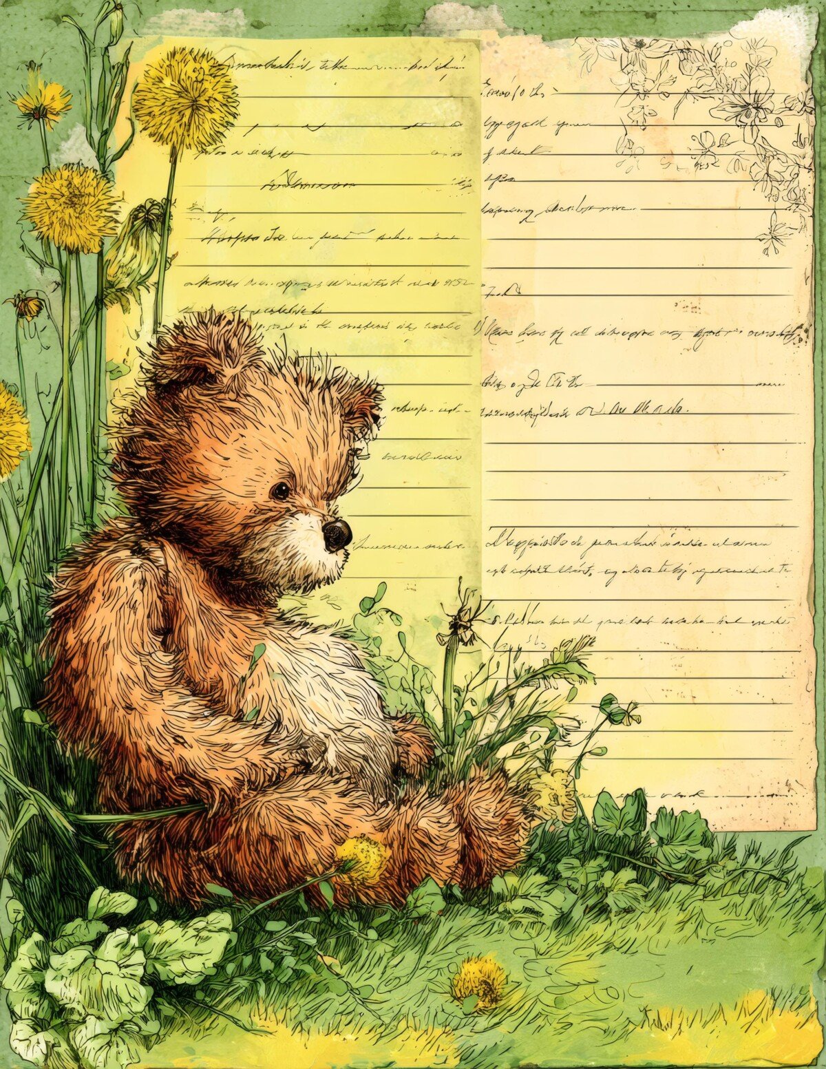 Teddy bear beside a lined paper panel and yellow flowers