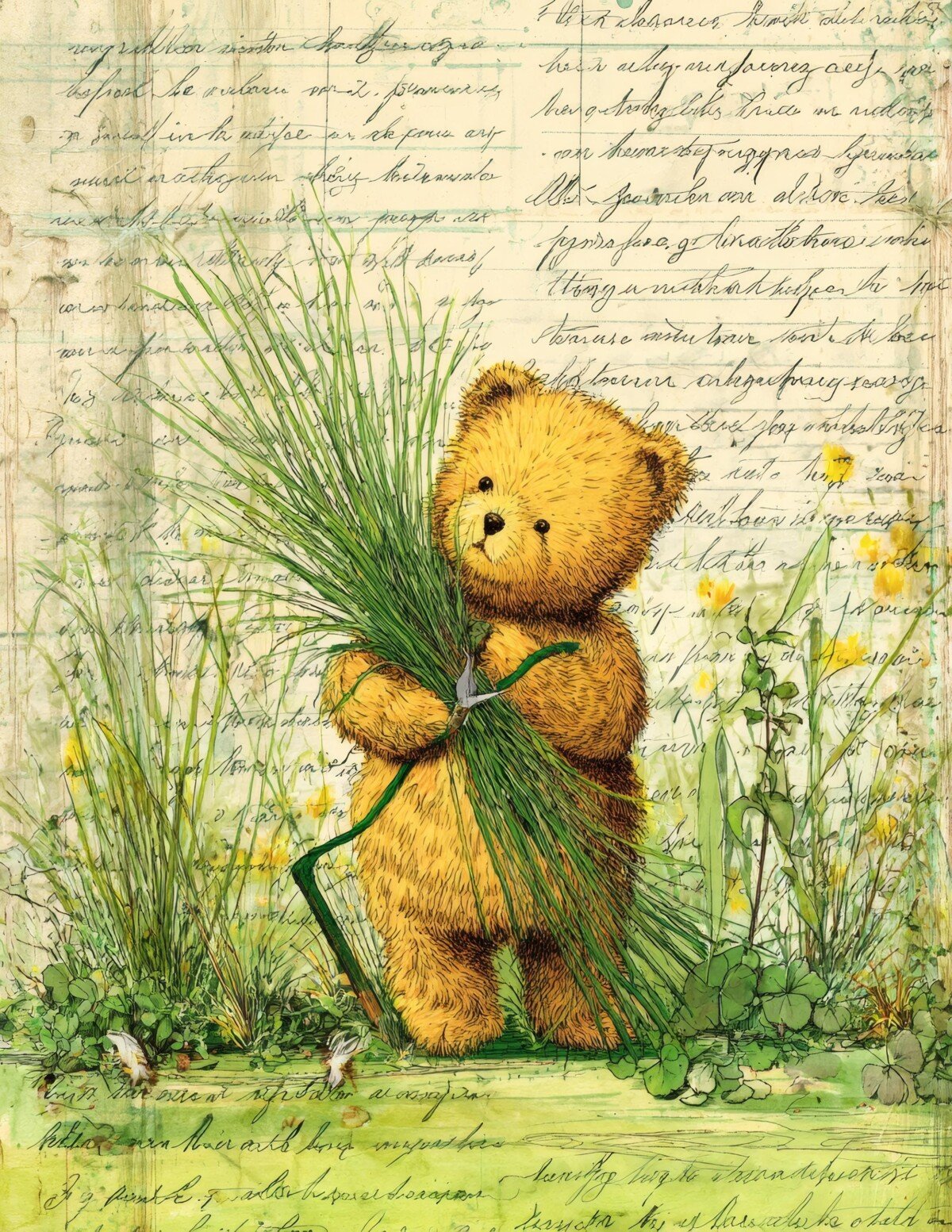 Teddy bear holding a leafy branch on aged paper