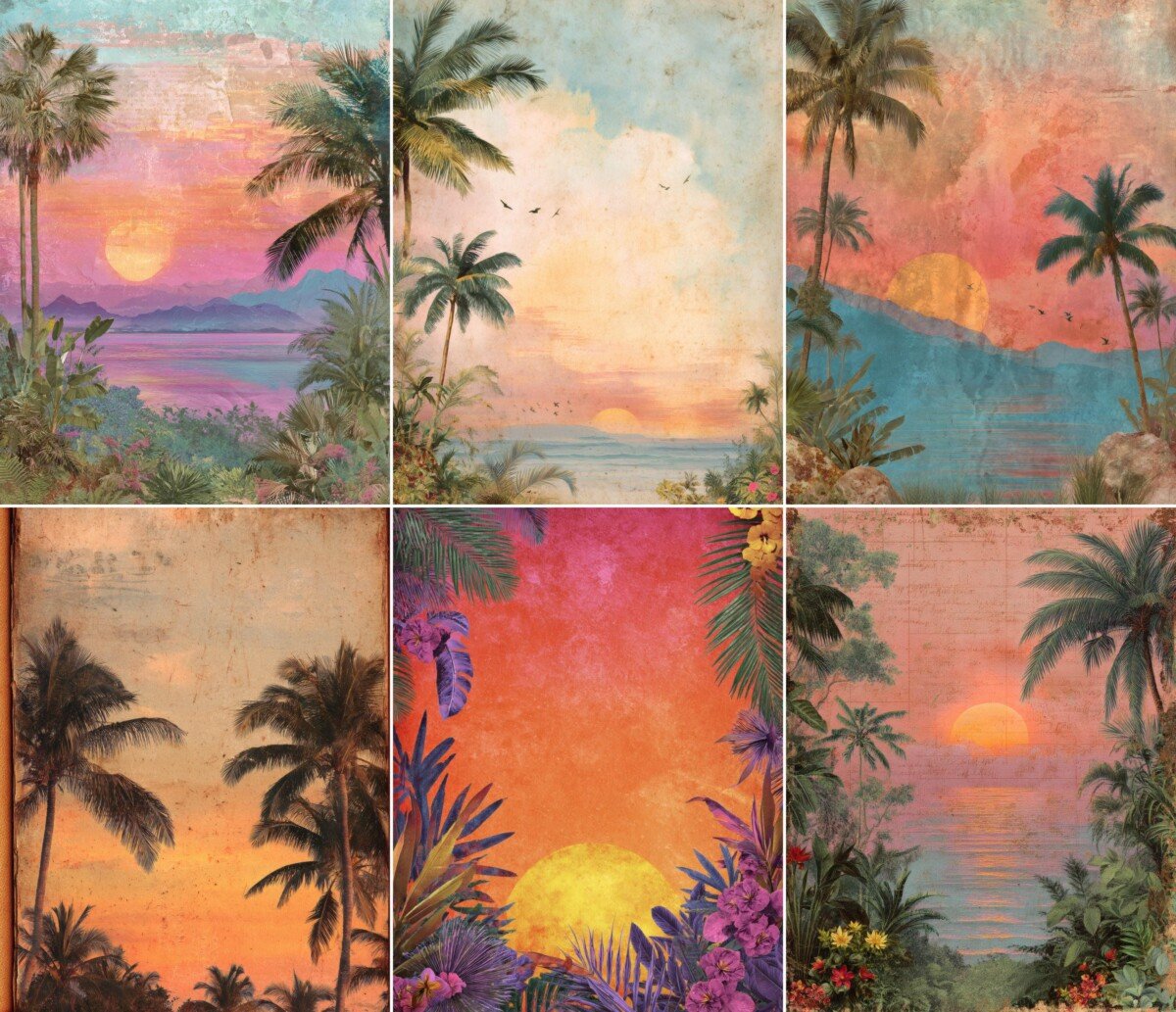Tropical sunset junk journal pages with palm trees, ocean views and colorful skies – preview 5