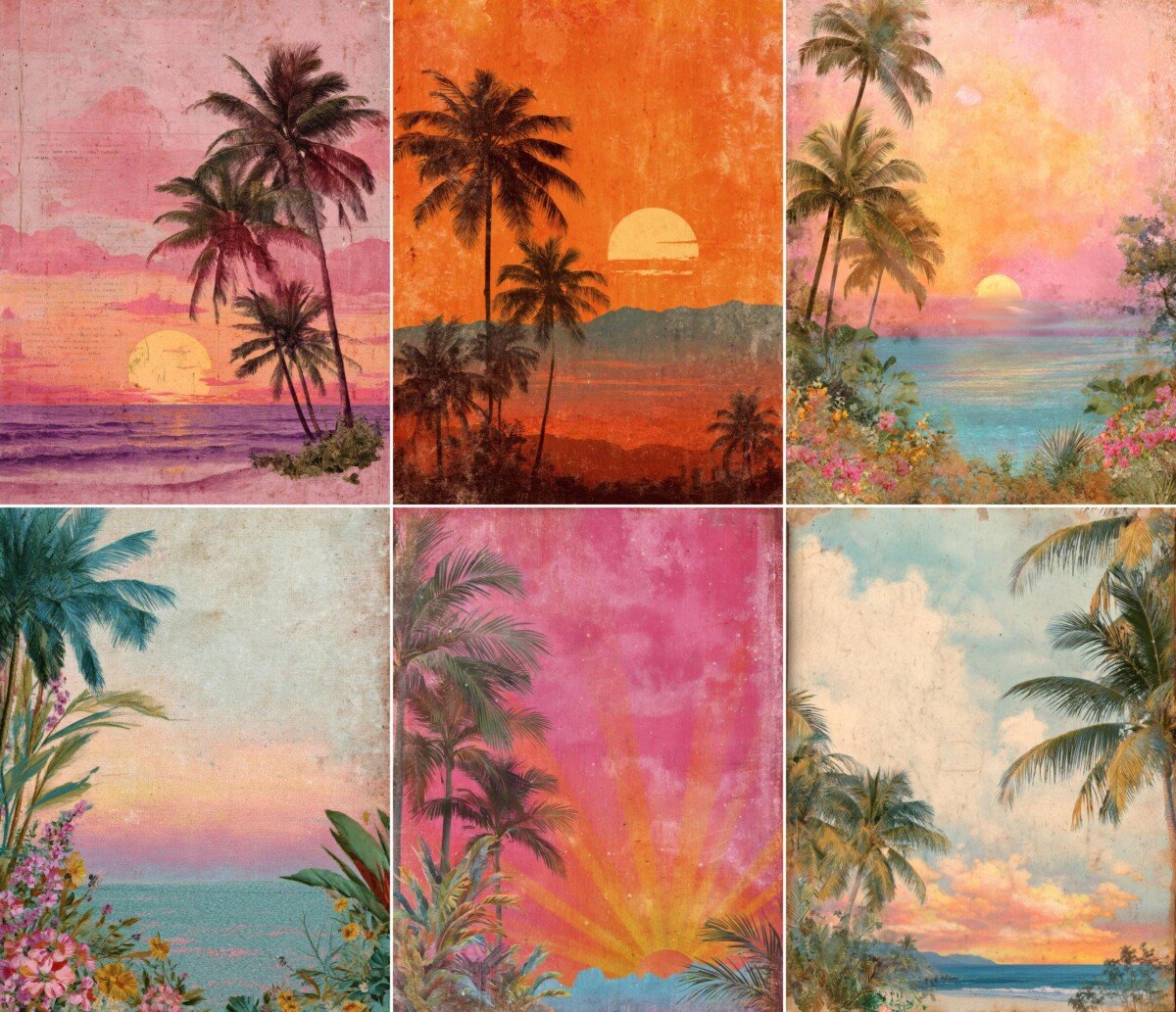 Tropical sunset junk journal pages with palm trees, ocean views and colorful skies – preview 3