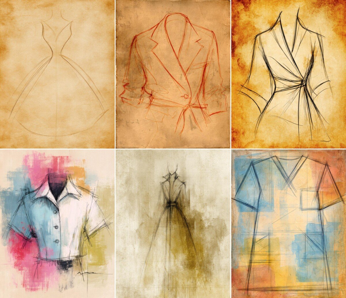 Vintage fashion sketch junk journal pages with clothing outlines and aged backgrounds